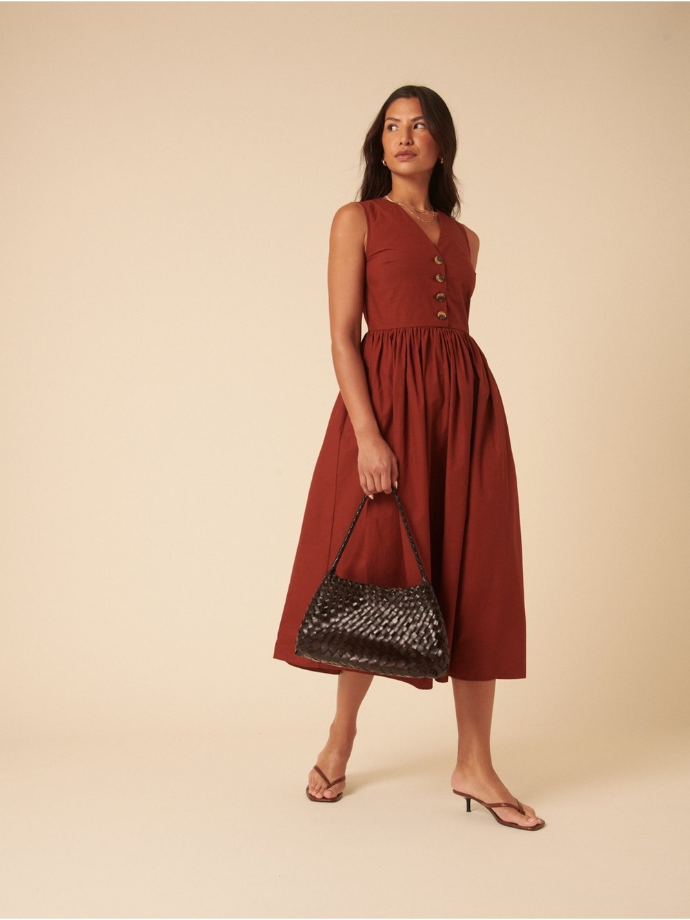 Nobody’s Child Burnt Orange V neck Button Front Oak Midi Dress